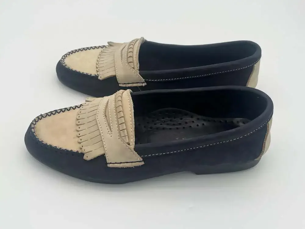Johnston & Murphy Fringe Loafer, Navy and Beige Suede, Size 7.5 M made in Italy